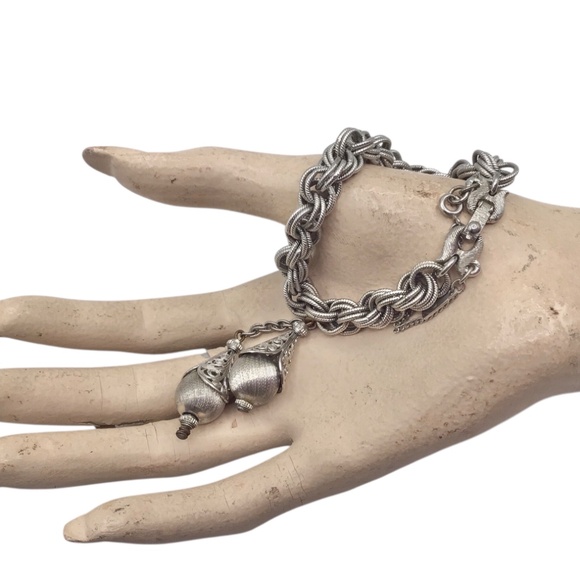 Vintage Monet Bolero Bracelet, Silver Tone Charm Bracelet, Dangling Textured Bal - Picture 6 of 12